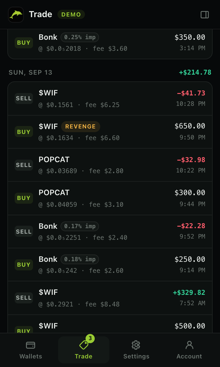 Trade history with fees, impact and flags